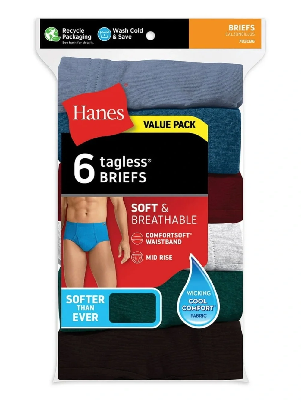 NWT Hanes Men’s Briefs 6-Pack in Red, Black, Gray, Green, Blue, Light Blue XL